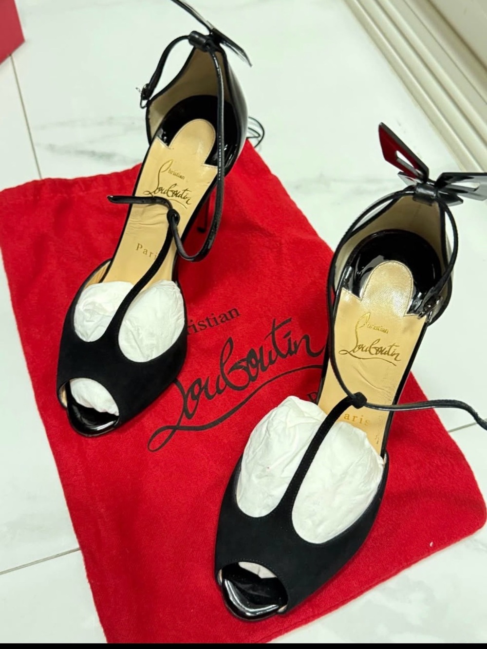 Christian Louboutin Black Suede T-Strap Peep-Toe Heels with Patent Accents